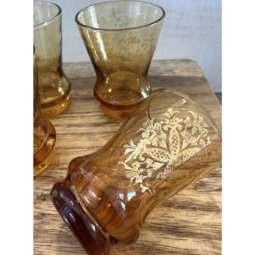 Vintage Made in Italy 2.25” Amber Shot Glasses With Gold Transfer Design Set 4